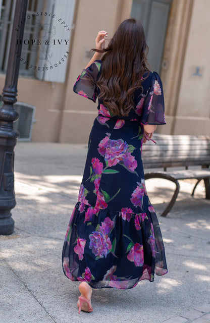 THE ASHIA FLUTTER SLEEVE MAXI WRAP DRESS (NAVY/PINK)