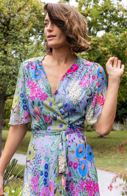 The Ember Maxi Wrap Dress (Blue/Pink)