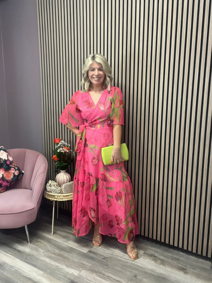 THE HARMONY FLUTTER SLEEVE MAXI WRAP DRESS (PINK FLORAL)