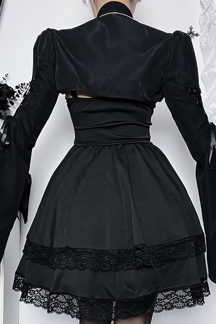 Tie Up Bell Sleeve Stand Collar Crop Top-Black