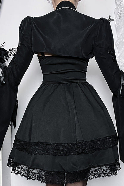 Tie Up Bell Sleeve Stand Collar Crop Top-Black