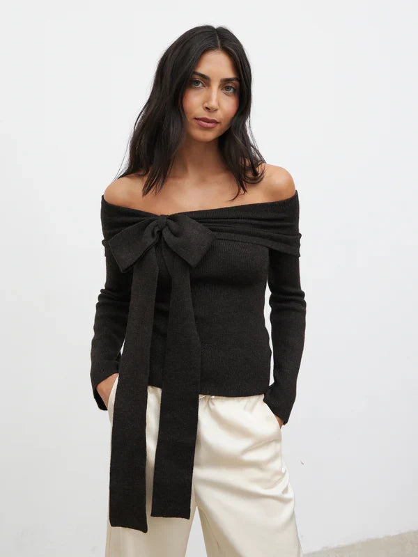 Tilda Bardot Bow Knit Top (Brown)