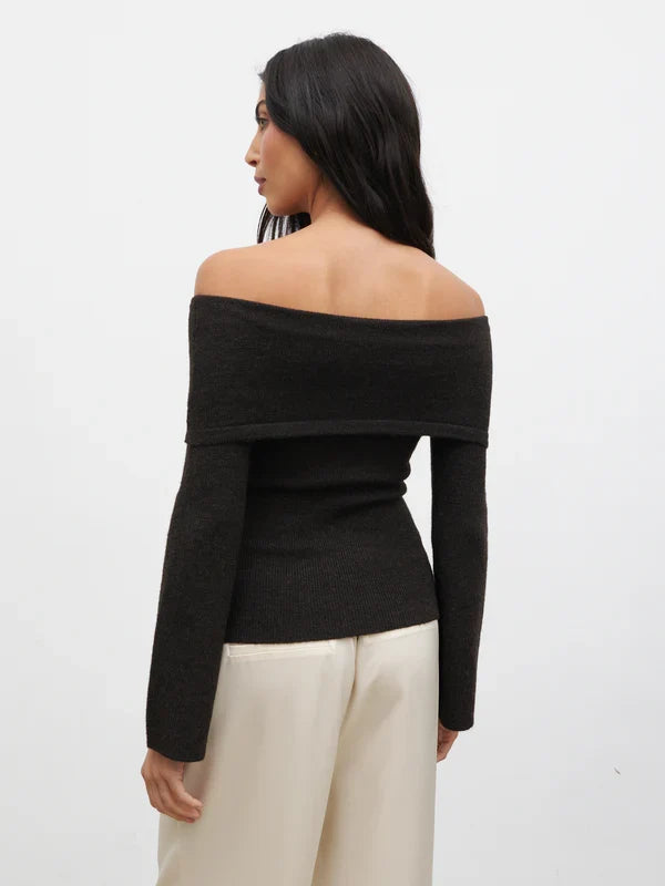 Tilda Bardot Bow Knit Top (Brown)