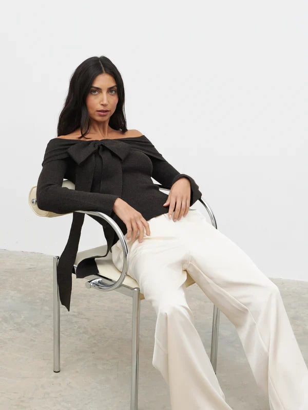 Tilda Bardot Bow Knit Top (Brown)
