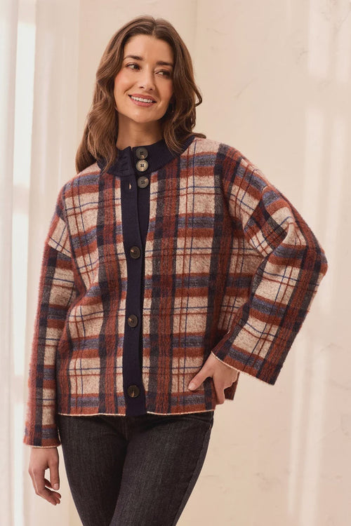 Tribal Eyelash Knit Plaid Button-Front Mock Neck Sweater Cardigan in Stellar