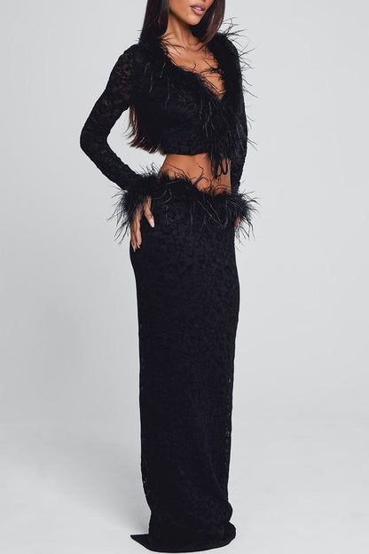 V Neck Crop Top Feather Trim Maxi Skirt Velvet 2pcs Set-Black Pre Order