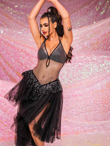 V-Neck Rhinestone Black Dress - Mesh Patchwork Tulle Dress