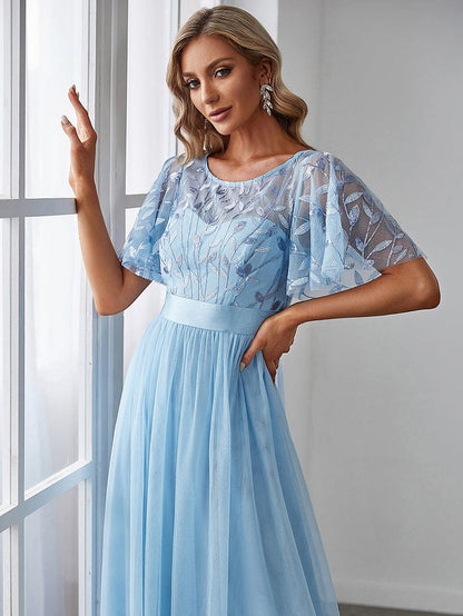 Women's Elegant Embroidered A-Line Floor Length Evening Dress